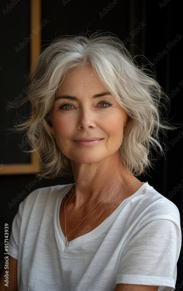 A woman with short gray hair is smiling and wearing a white shirt. She is wearing a necklace and has a necklace around her neck A woman with short gray hair is smiling and wearing a white shirt. She is wearing a necklace and has a necklace around her neck