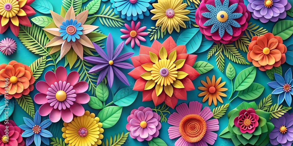 Paper Flower Bouquet on Turquoise Background, paper craft, floral art, 3D illustration, paper flower art Paper Flower Bouquet on Turquoise Background, paper craft, floral art, 3D illustration, paper flower art