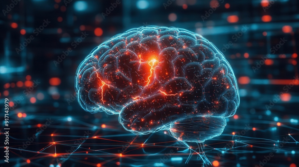 Digital rendering of stroke symptoms on a brain, highlighting affected areas, stroke, cardiovascular event, medical diagnosis technology Digital rendering of stroke symptoms on a brain, highlighting affected areas, stroke, cardiovascular event, medical diagnosis technology