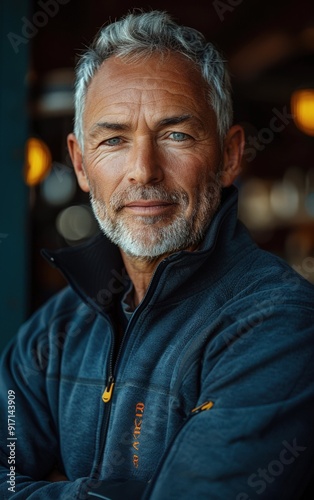 A man with a beard and gray hair is wearing a blue jacket with a zipper. He is smiling and looking at the camera