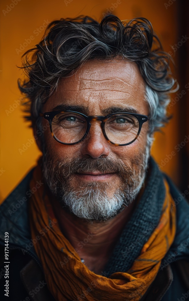A man with glasses and a beard is smiling. He is wearing a scarf and a jacket A man with glasses and a beard is smiling. He is wearing a scarf and a jacket