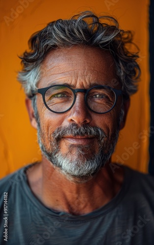 A man with glasses and a beard is smiling. He is wearing a black shirt and glasses. The man's facial hair is grey and he has a beard