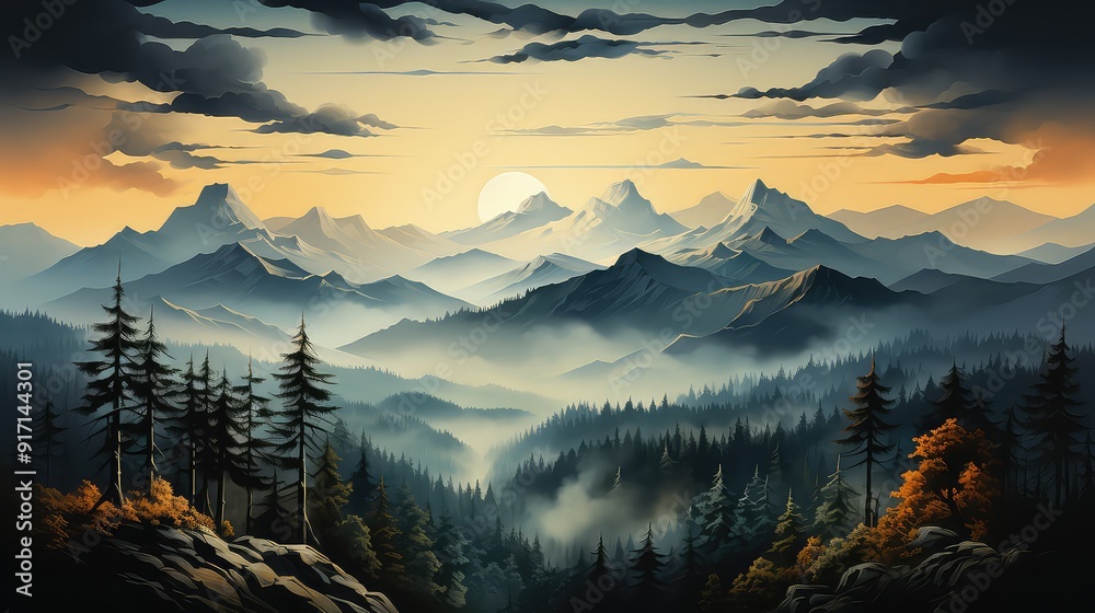 Obraz premium Fantasy landscape with mountains and coniferous forest at sunset nature background