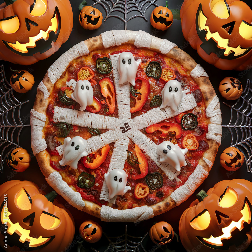 halloween party pizza with spirits and pumpkins on topping generative ai halloween party pizza with spirits and pumpkins on topping generative ai