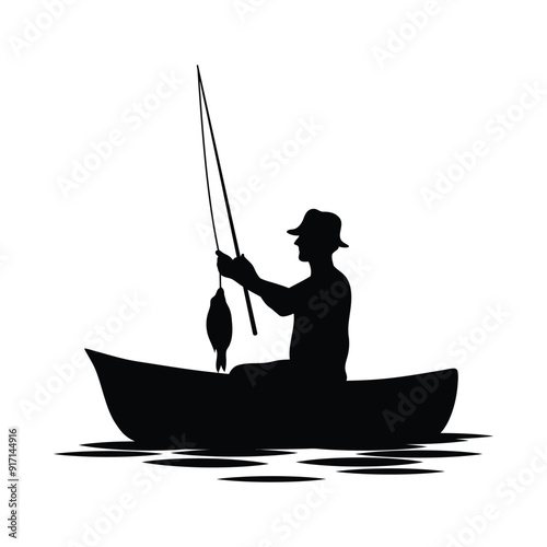 A fisherman is catching a fish in a boat 