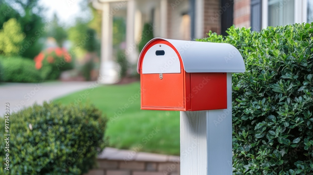 Red and white mailbox with white post in front of a green hedge. Red and white mailbox with white post in front of a green hedge.
