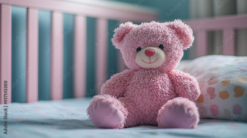 A pink teddy bear sitting on a cot in a house A pink teddy bear sitting on a cot in a house