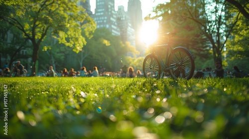 People enjoying a sunny day in a bustling city park, with activities such as jogging, cycling, and relaxing on the grass. The vibrant green space offers a refreshing escape from urban life.