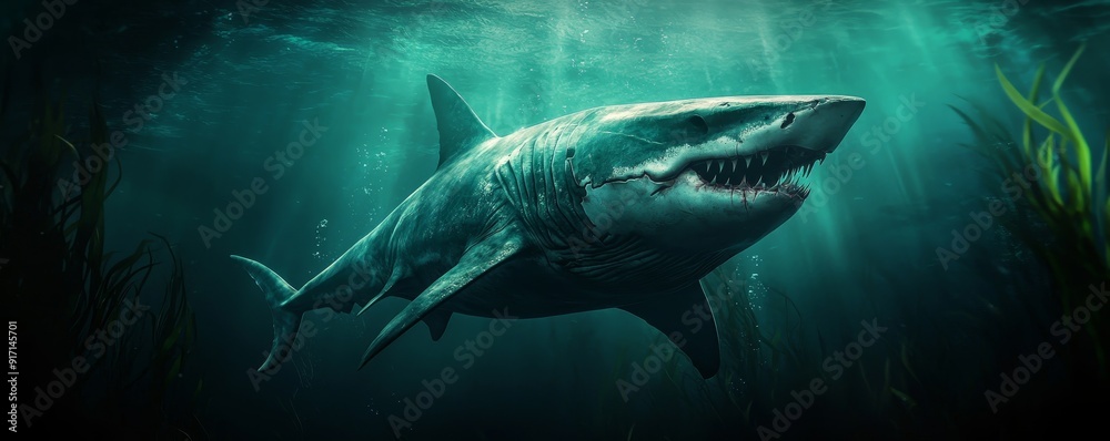 A majestic shark gliding through deep waters, surrounded by seaweed, capturing the beauty and mystery of ocean life. A majestic shark gliding through deep waters, surrounded by seaweed, capturing the beauty and mystery of ocean life.