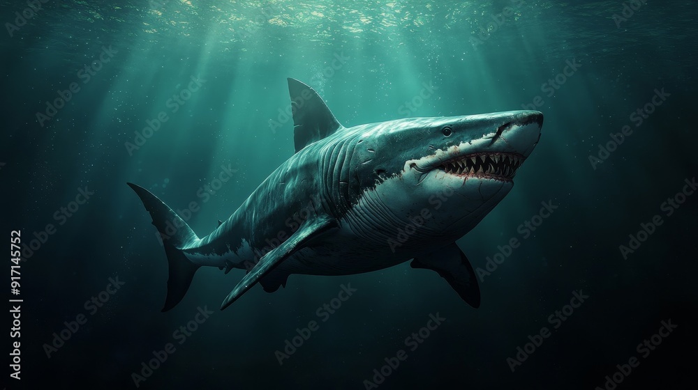 A majestic shark swimming gracefully in deep ocean waters, showcasing its powerful physique and sharp teeth. A majestic shark swimming gracefully in deep ocean waters, showcasing its powerful physique and sharp teeth.