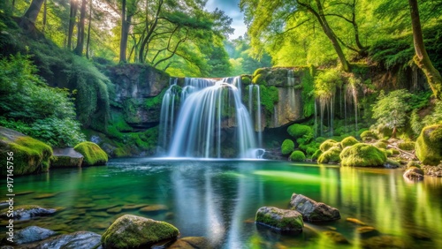 Serene Waterfall in Lush Forest Long Exposure Photography of a Cascading Water Feature Surrounded by Vibrant Greenery, waterfall, nature, long exposure, landscape, forest