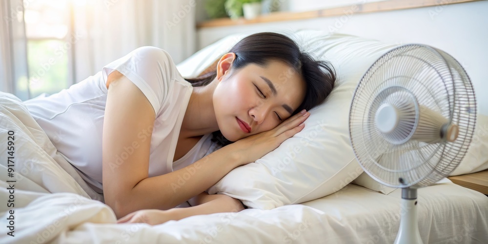 Sleeping Beauty in Summer Heat, Fan Cooling, White Bedding, Relaxed Woman, Air Conditioner, Summer Sleep, Hot Weather Sleeping Beauty in Summer Heat, Fan Cooling, White Bedding, Relaxed Woman, Air Conditioner, Summer Sleep, Hot Weather