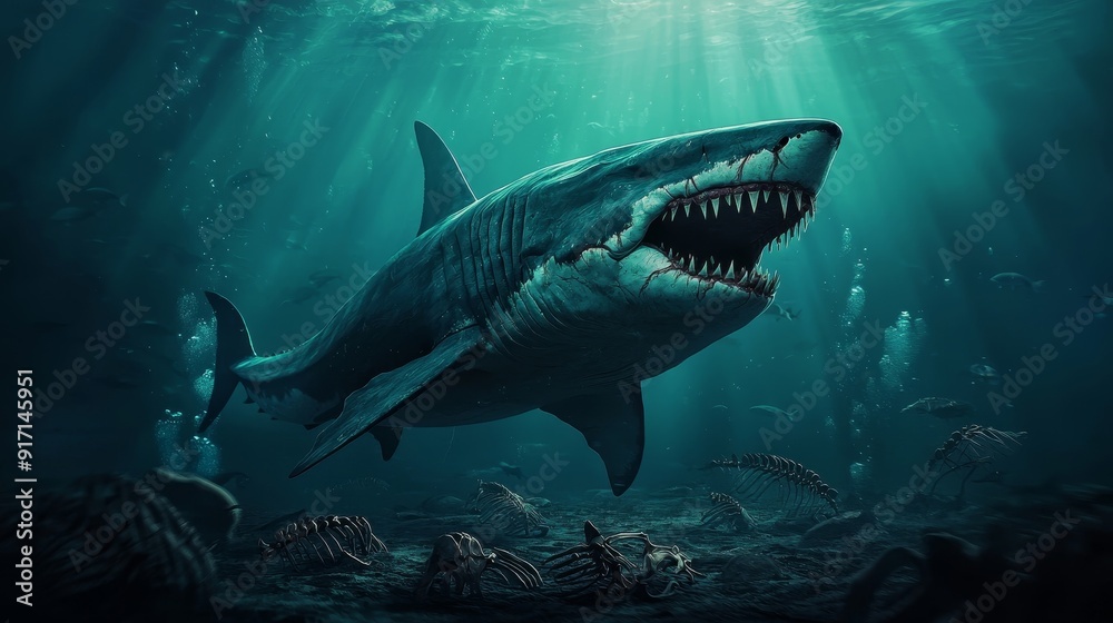 Fototapeta premium A powerful shark gliding through the deep ocean, showcasing its impressive jaws and majestic form in a stunning underwater scene.