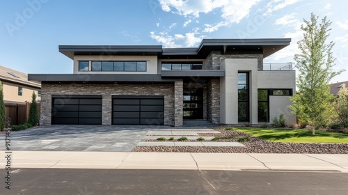 Modern home with stone facade, double garage doors and a walkway leading to the front door.