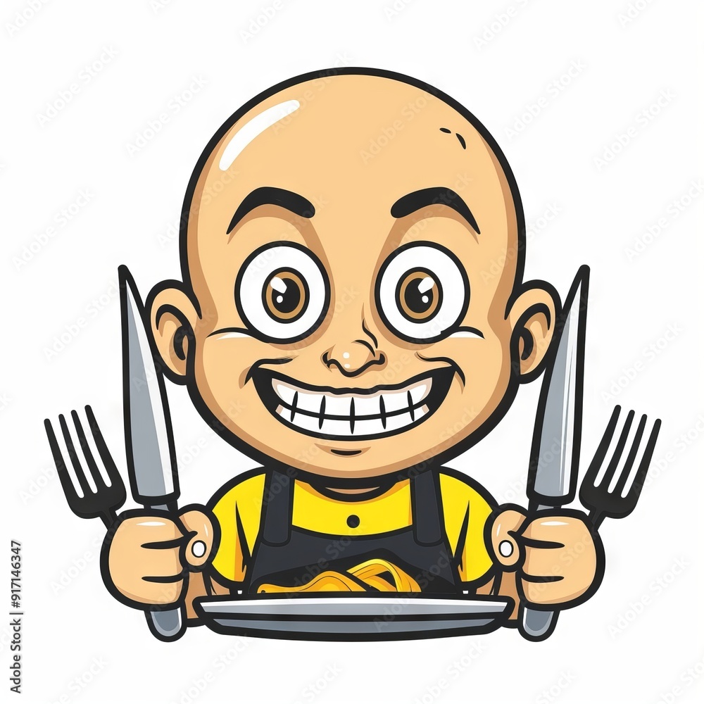 Vector illustration of the face of a bald yellow cartoon character, with a yummy expression, with a knife and fork in his hands Vector illustration of the face of a bald yellow cartoon character, with a yummy expression, with a knife and fork in his hands