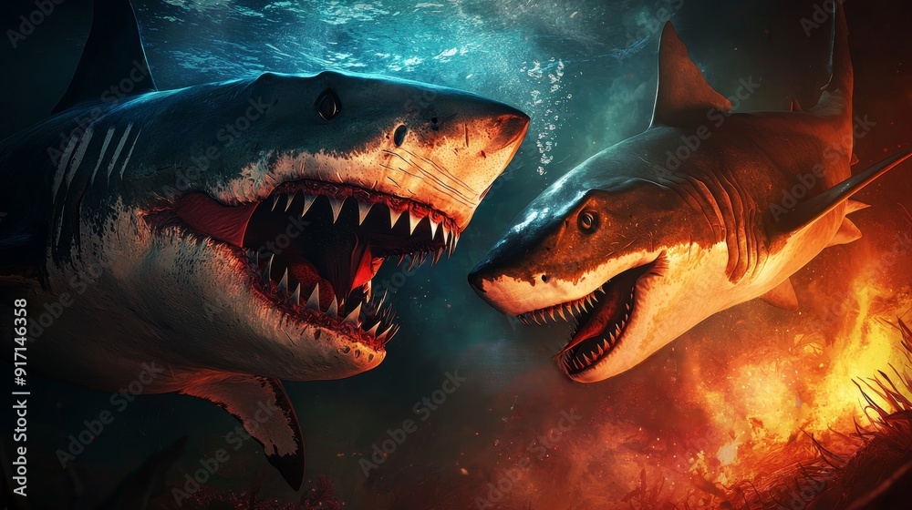 Obraz premium Dynamic underwater scene featuring fierce sharks showcasing their impressive teeth and hunting instincts.