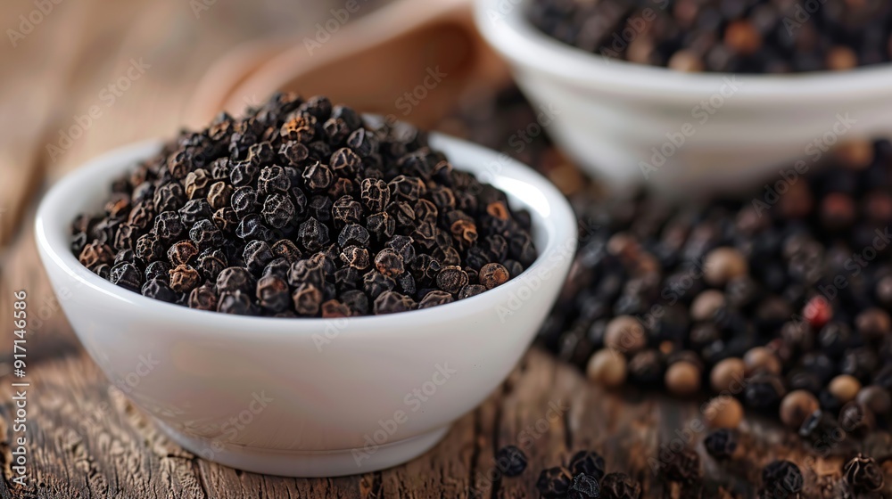 Close view and Selective Focus on grain of black pepper in small white bowl Close view and Selective Focus on grain of black pepper in small white bowl