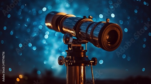 Vintage Telescope Poised Against a Twilight Sky With Glistening Bokeh Lights photo