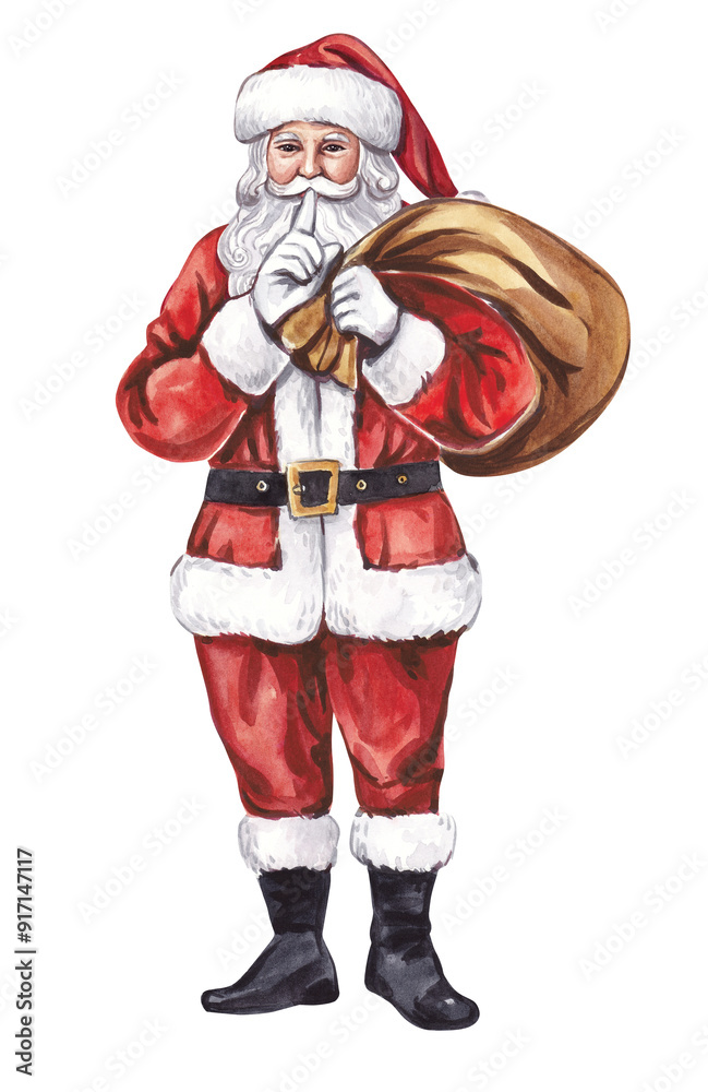 Watercolor illustration of Santa Claus standing tall with a bag of gifts on a transparent background. Watercolor illustration of Santa Claus standing tall with a bag of gifts on a transparent background.
