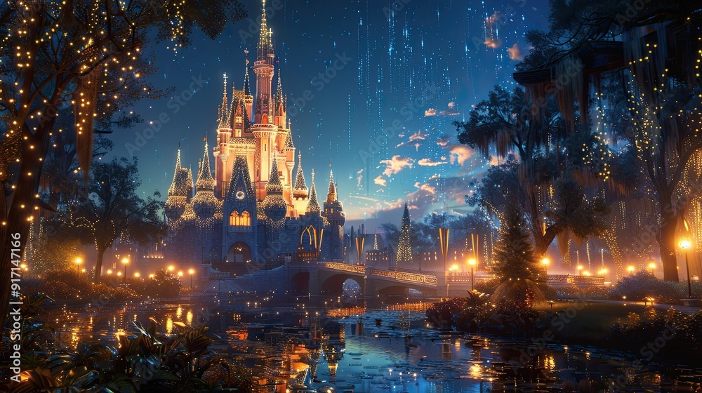 Obraz premium An enchanting castle with crystal spires, perched on a cliff above a serene, enchanted forest with shimmering lights