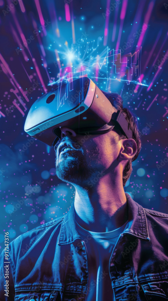 A man is wearing a virtual reality headset and looking at the camera A man is wearing a virtual reality headset and looking at the camera