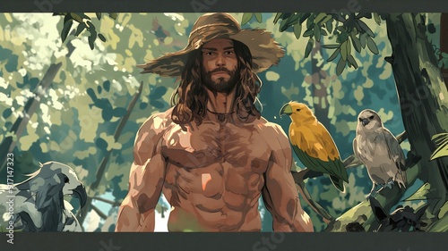 Muscular Man With Long Hair Standing in a Lush Jungle Accompanied by Exotic Birds at Daytime