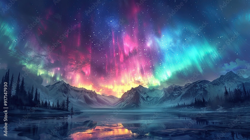 Obraz premium The night sky over a mystical landscape, with the aurora borealis creating a mesmerizing display of colors