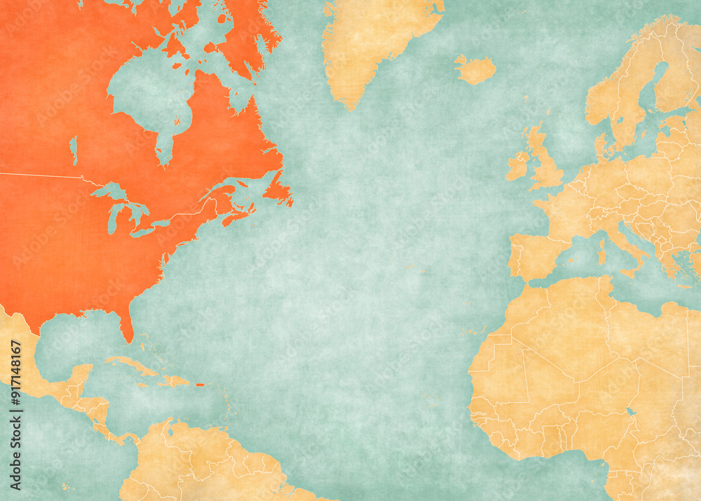Map of North Atlantic Ocean - United States and Canada