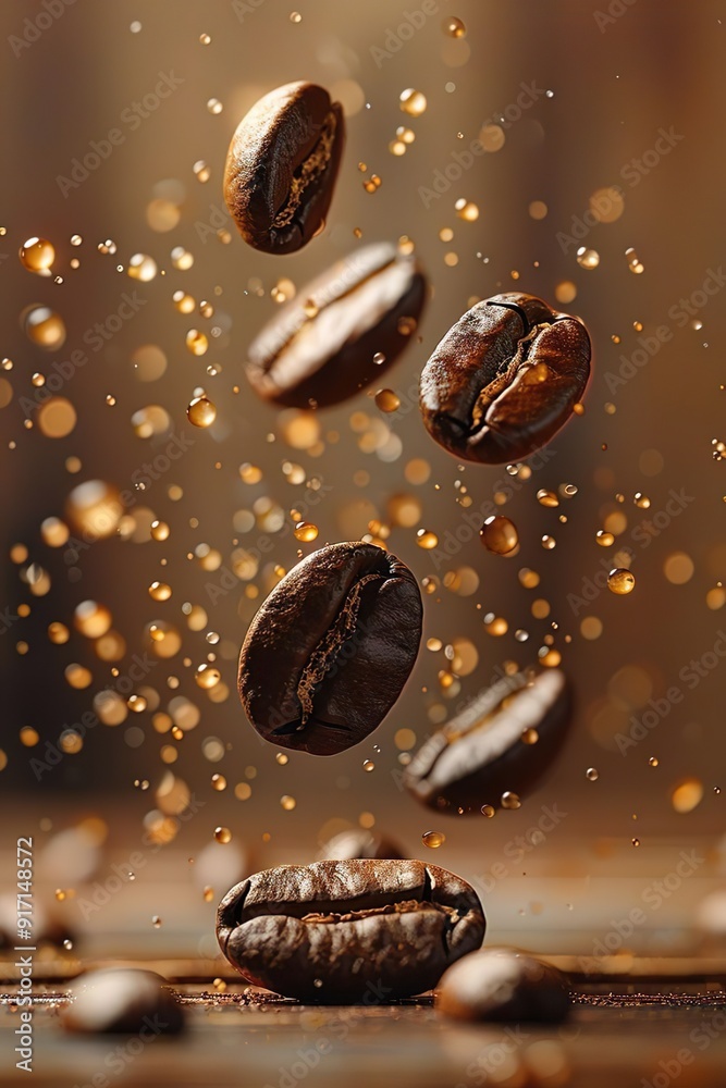 Coffee Beans Flying on Neutral Background Coffee Beans Flying on Neutral Background