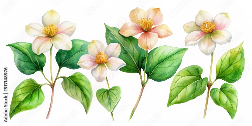 Fototapeta premium Watercolor Floral Arrangement of Pink and White Flowers, Watercolor, Flowers, Leaves, Floral Arrangement, Nature