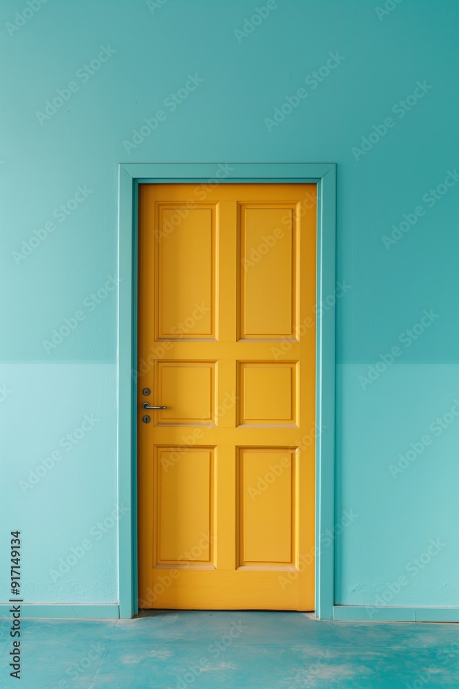 A bright yellow door is featured in a teal-colored wall setup, creating a bold contrast and a modern, vibrant look. A bright yellow door is featured in a teal-colored wall setup, creating a bold contrast and a modern, vibrant look.