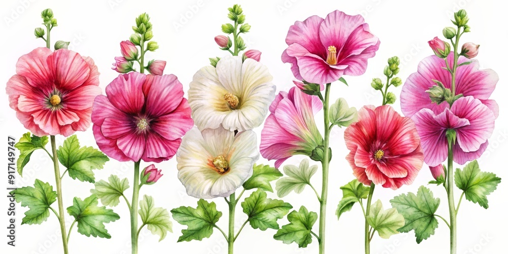 Watercolor Painting of Pink and White Hollyhock Flowers, watercolor , botanical , flower , nature , hollyhock Watercolor Painting of Pink and White Hollyhock Flowers, watercolor , botanical , flower , nature , hollyhock