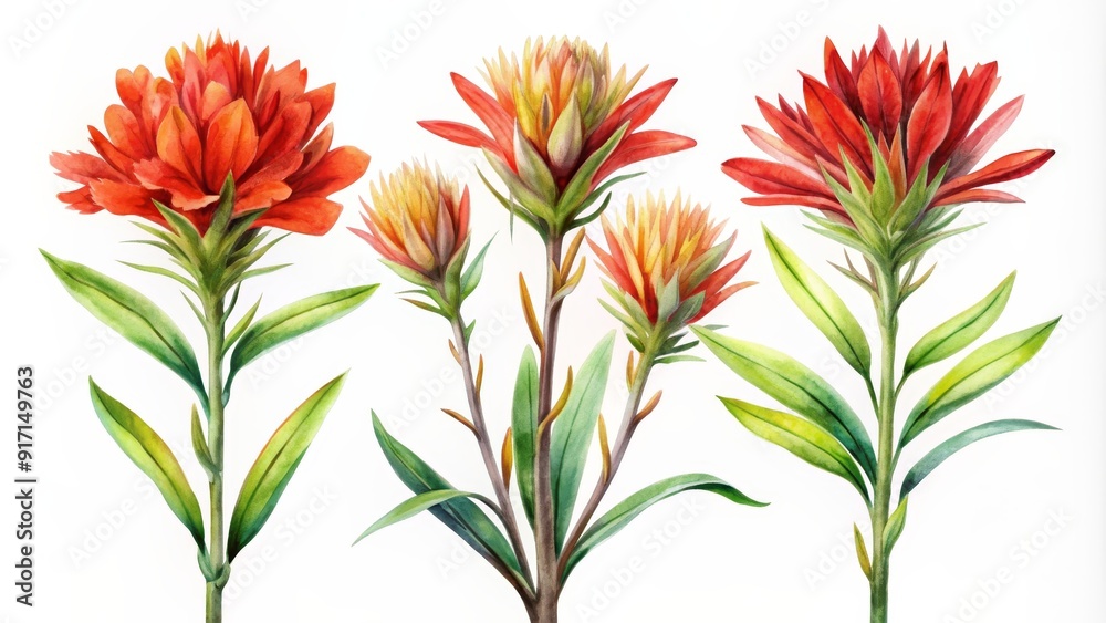 Watercolor Painting of Three Red and Yellow Flowers with Green Leaves, watercolor , botanical , flower , nature , flower arrangement Watercolor Painting of Three Red and Yellow Flowers with Green Leaves, watercolor , botanical , flower , nature , flower arrangement