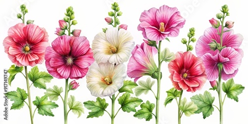 Fototapeta Naklejka Na Ścianę i Meble -  Watercolor Painting of Pink and White Hollyhock Flowers, watercolor , botanical , flower , nature , hollyhock