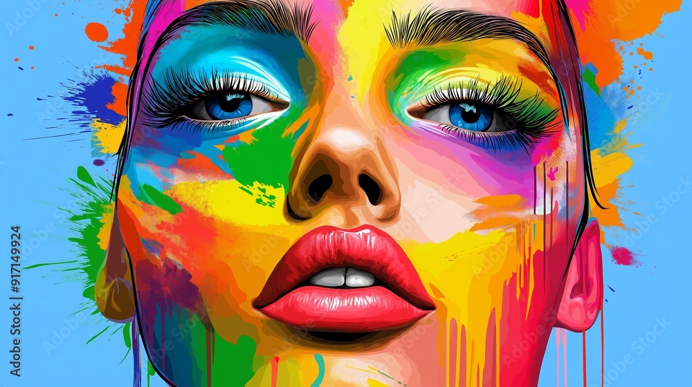 A colorful painting of a woman with a rainbow face. The painting is vibrant and full of life, with a sense of energy and creativity. The woman's face is the focal point of the painting