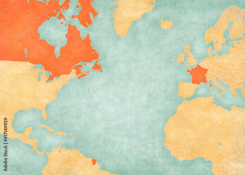 Map of North Atlantic Ocean - Canada and France Map of North Atlantic Ocean - Canada and France