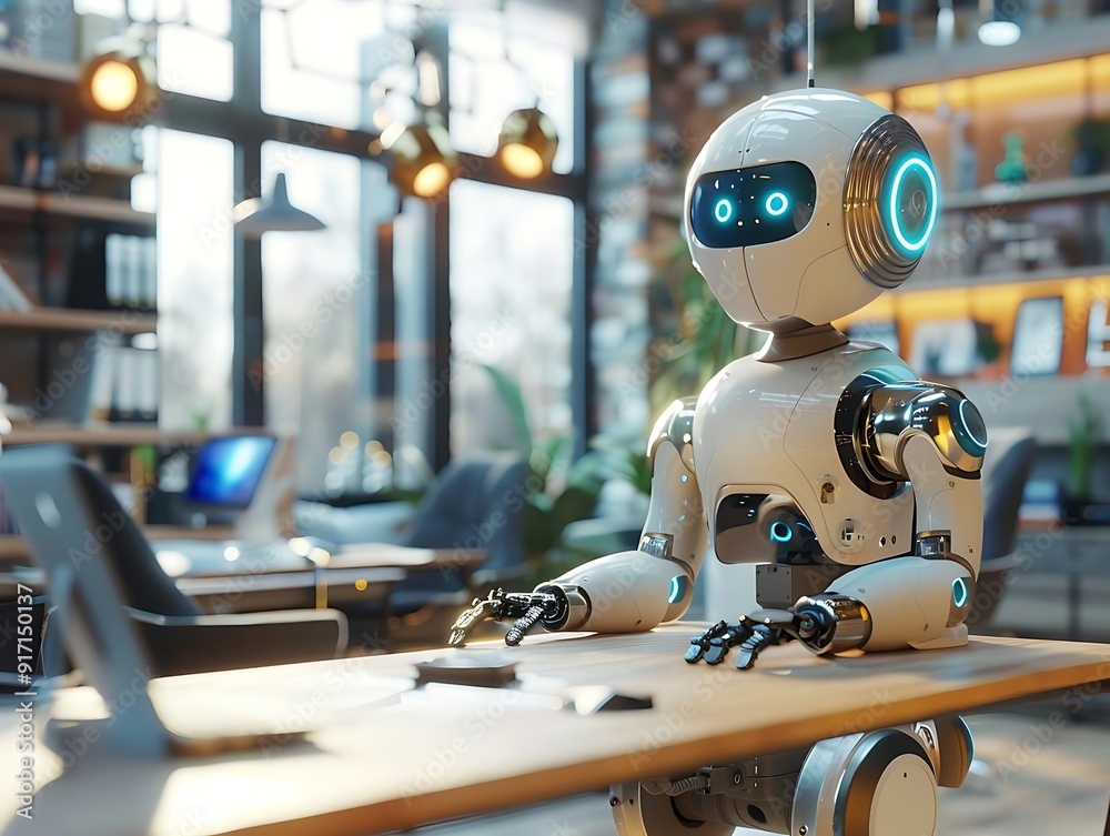 3D Illustration of a White Robot Sitting at a Desk in an Office 3D Illustration of a White Robot Sitting at a Desk in an Office