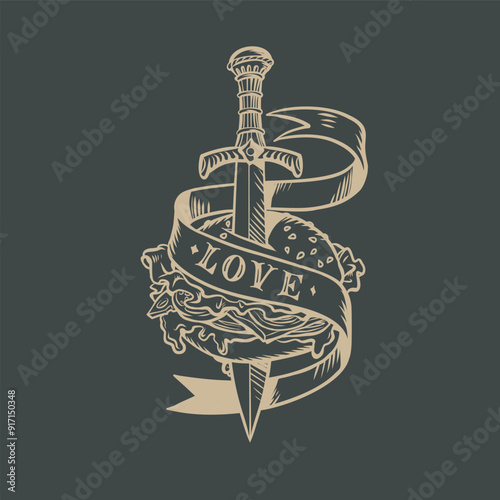 A sword pierces a burger with the inscription love. Fast fast food delivery for all customers. Fighting obesity and high-calorie foods.