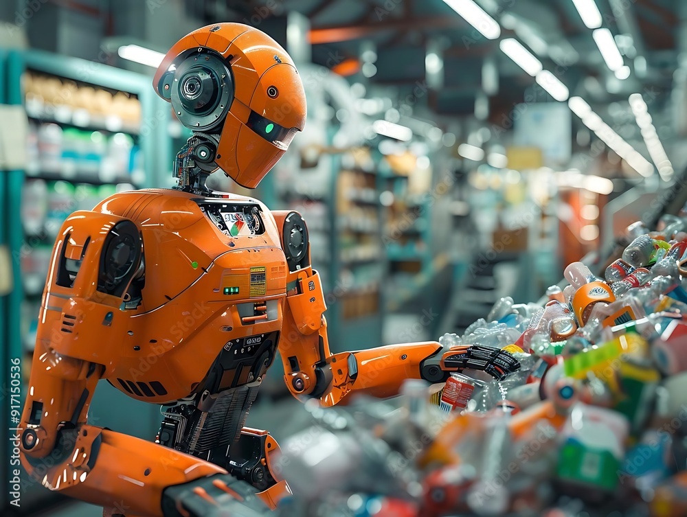 Orange Robot Arm Reaching for Plastic Bottles 3D Illustration