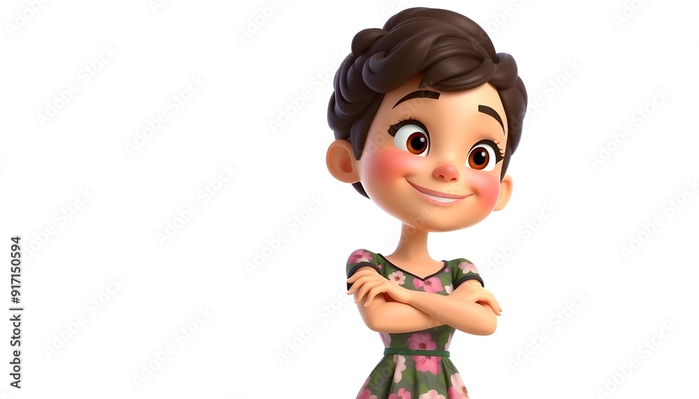A young Caucasian girl with brown hair in a bun, wearing a green and pink dress, smiling with her arms crossed A young Caucasian girl with brown hair in a bun, wearing a green and pink dress, smiling with her arms crossed