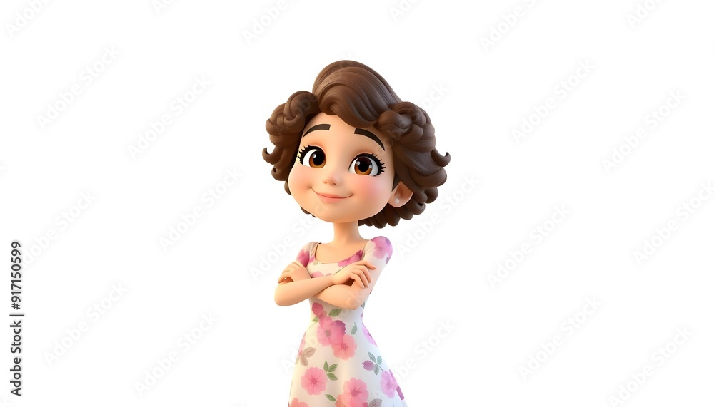 A young Caucasian girl with curly brown hair wearing a pink and white floral dress, smiling and looking directly at the camera A young Caucasian girl with curly brown hair wearing a pink and white floral dress, smiling and looking directly at the camera