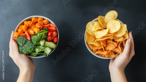 A hand holding a veggie salad bowl contrasted with another holding chips, symbolizing the decision between natural, healthy eating and processed snacks.