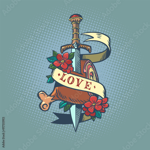 The sword pierces a piece of meat with the inscription love. Prestigious restaurant with selected menu and food. Stylish medieval symbol of love for delicious food.
