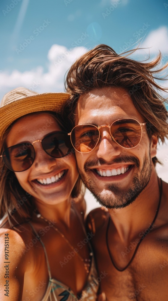 A man and woman are smiling for the camera, both wearing sunglasses. Scene is happy and carefree A man and woman are smiling for the camera, both wearing sunglasses. Scene is happy and carefree