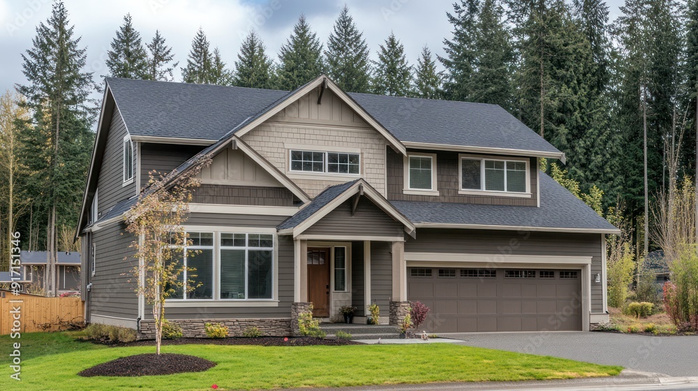 A modern, two-story home with a grey and beige facade and a black roof, nestled among tall evergreen trees and a well-manicured lawn. A modern, two-story home with a grey and beige facade and a black roof, nestled among tall evergreen trees and a well-manicured lawn.
