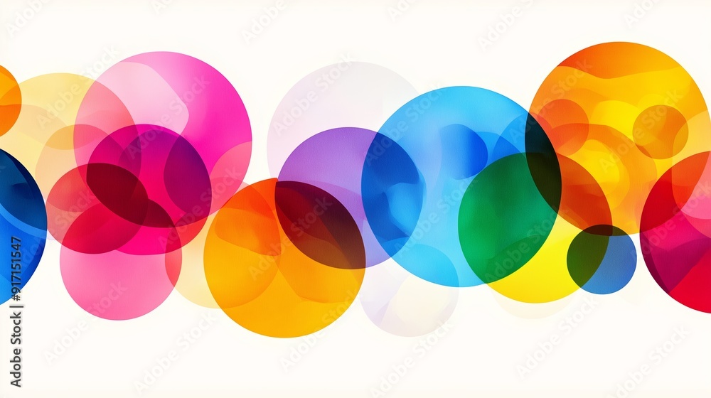 A colorful line of circles with a rainbow of colors. The circles are all different sizes and are arranged in a way that creates a sense of movement and energy. Scene is one of joy and playfulness