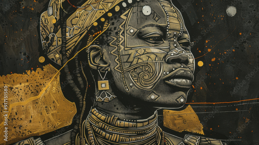Fototapeta premium An African warrior woman in her traditional outfit with warrior facepaint, captured in a detailed blend of aquatint and thin line etching, highlighting cultural richness