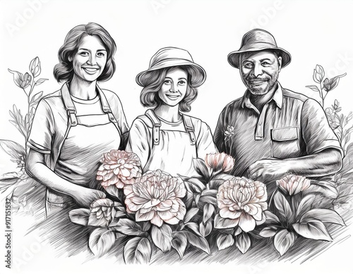 dessin ia d'une famille faisant du jardinage dessin crayon de papier noir et blanc photo