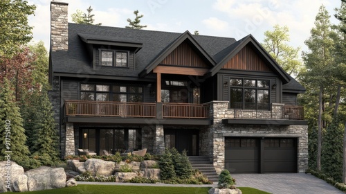 Modern black house with stone exterior, a large balcony, and a garage.