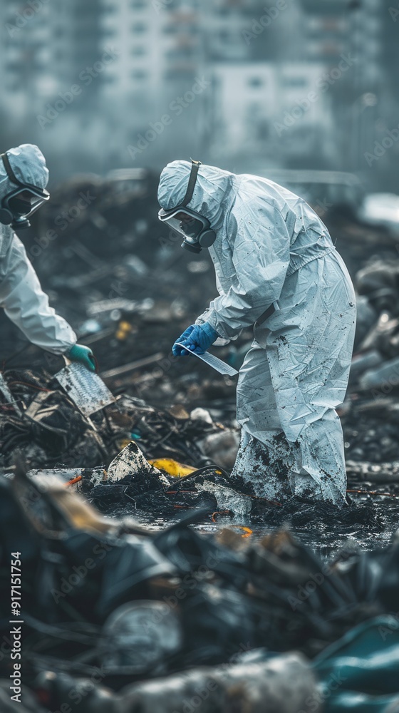 Two people in white suits are digging through garbage. Scene is somber and serious, as the people are wearing protective gear and working in a dirty environment